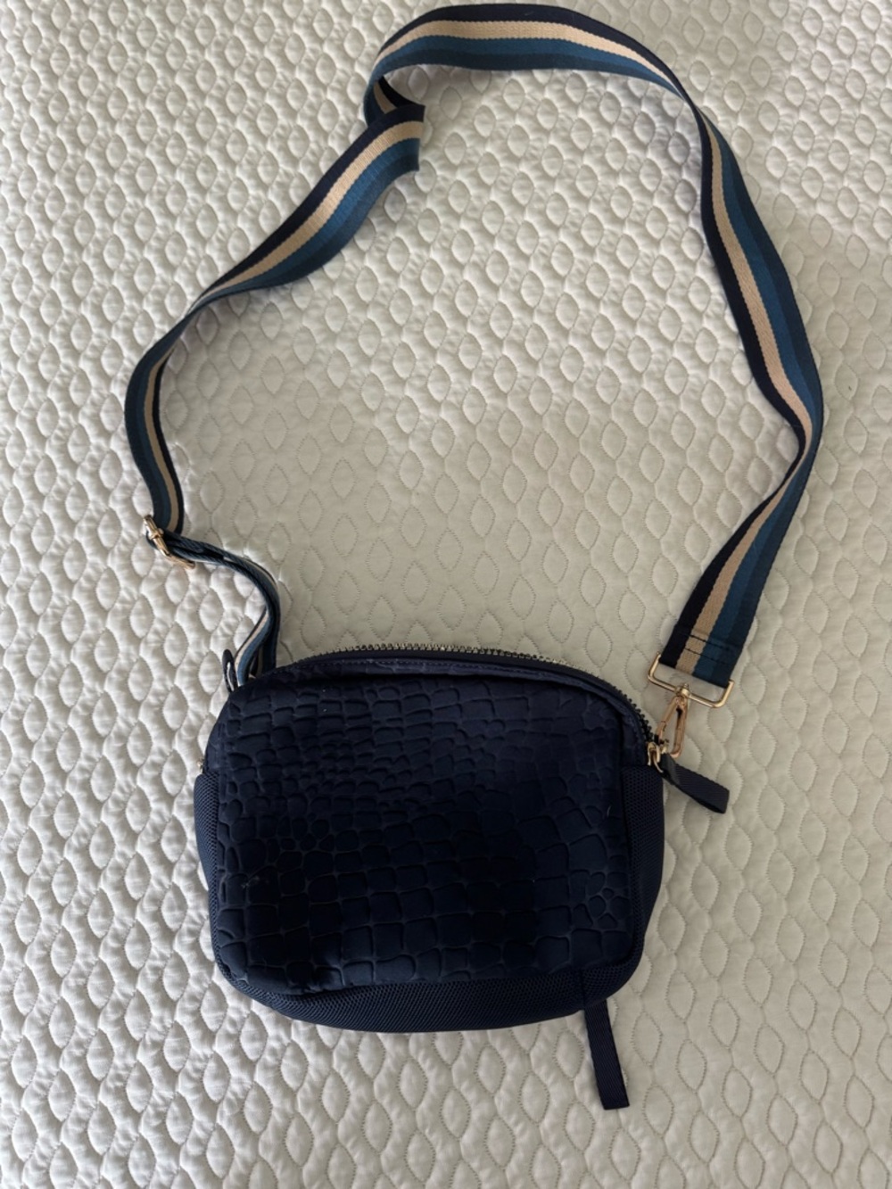 Stella & Dot Navy Croc-Embossed Crossbody Camera Bag with Striped Strap